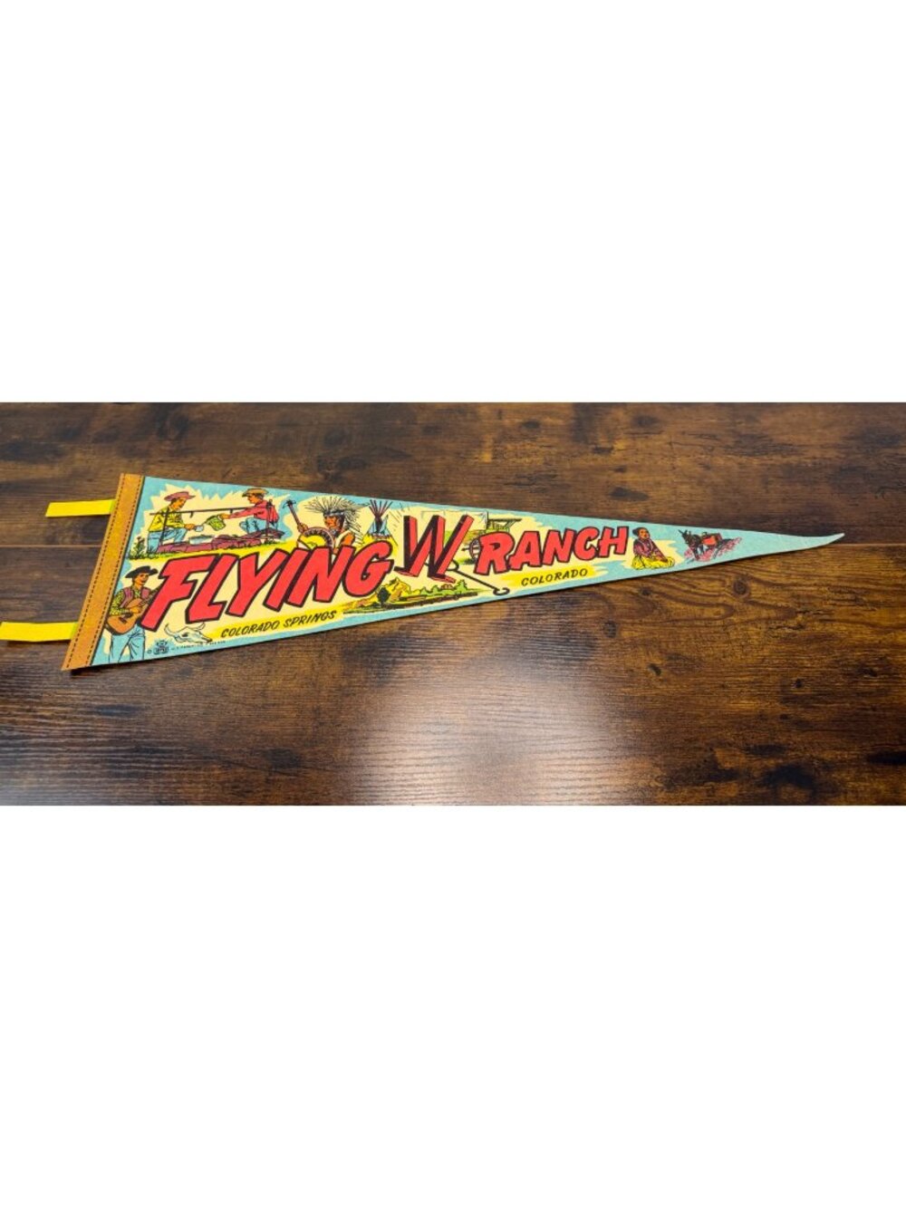 Vintage Flying W Ranch Colorado Springs Souvenir Pennant With Colorful Western